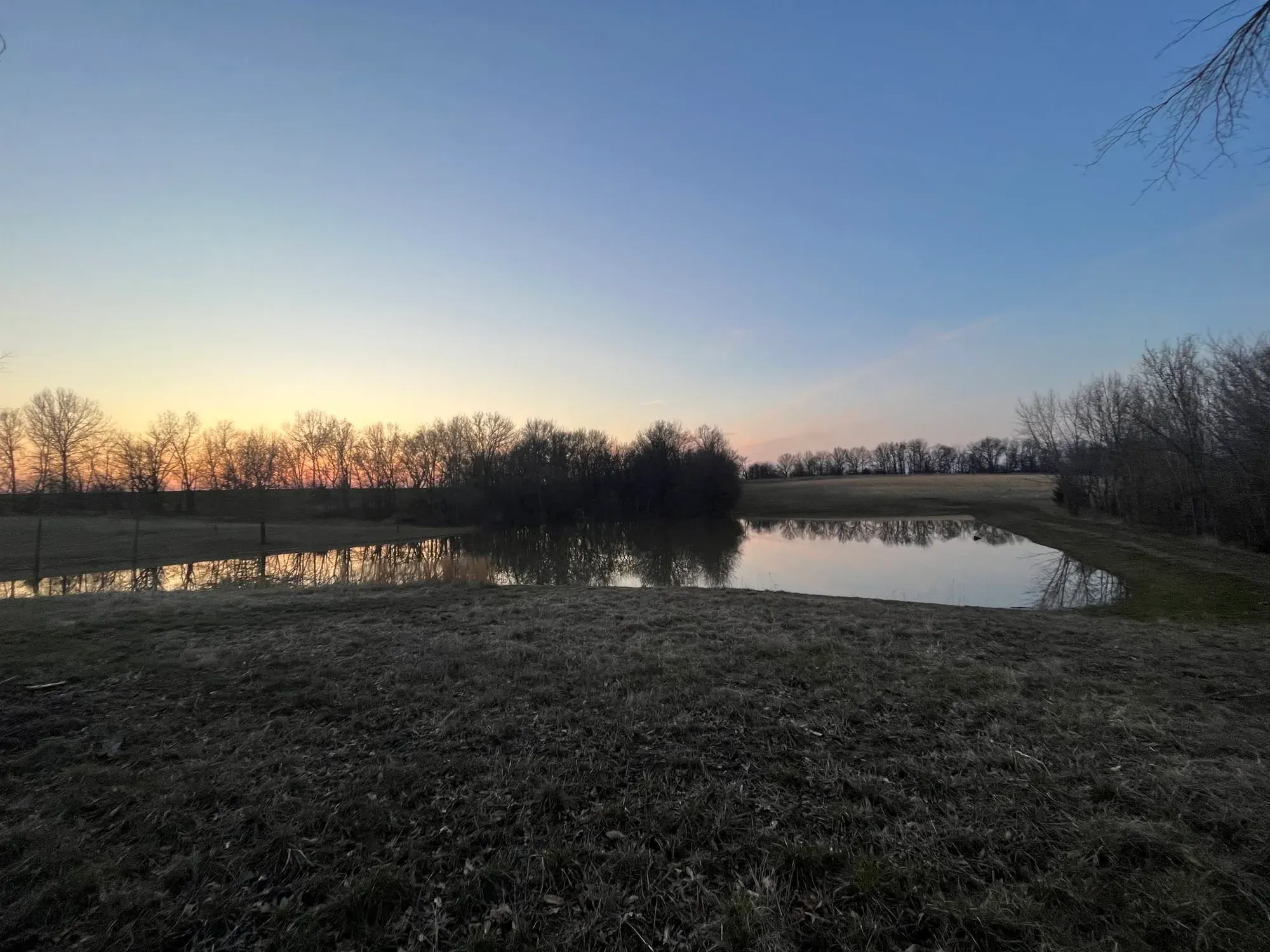 Sunset over the pond at the farmhouse near Bogard, Missouri, with bare trees reflected in the water
